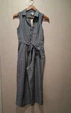 Japna Womens Crop Wide Leg Jumpsuit Size M Blue Striped Beachy Coastal Boho NWT 