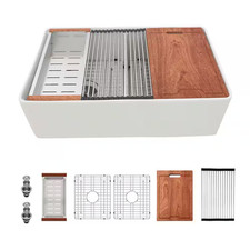33 In. Farmhouse/Apron-Front Double Bowl Ceramic Workstation Kitchen Sink with S
