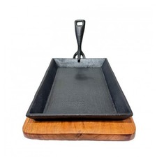 Cast Iron Sizzler Platter Wood Base Heavy Oblong Mixed Grill Meat Fish Steak Veg