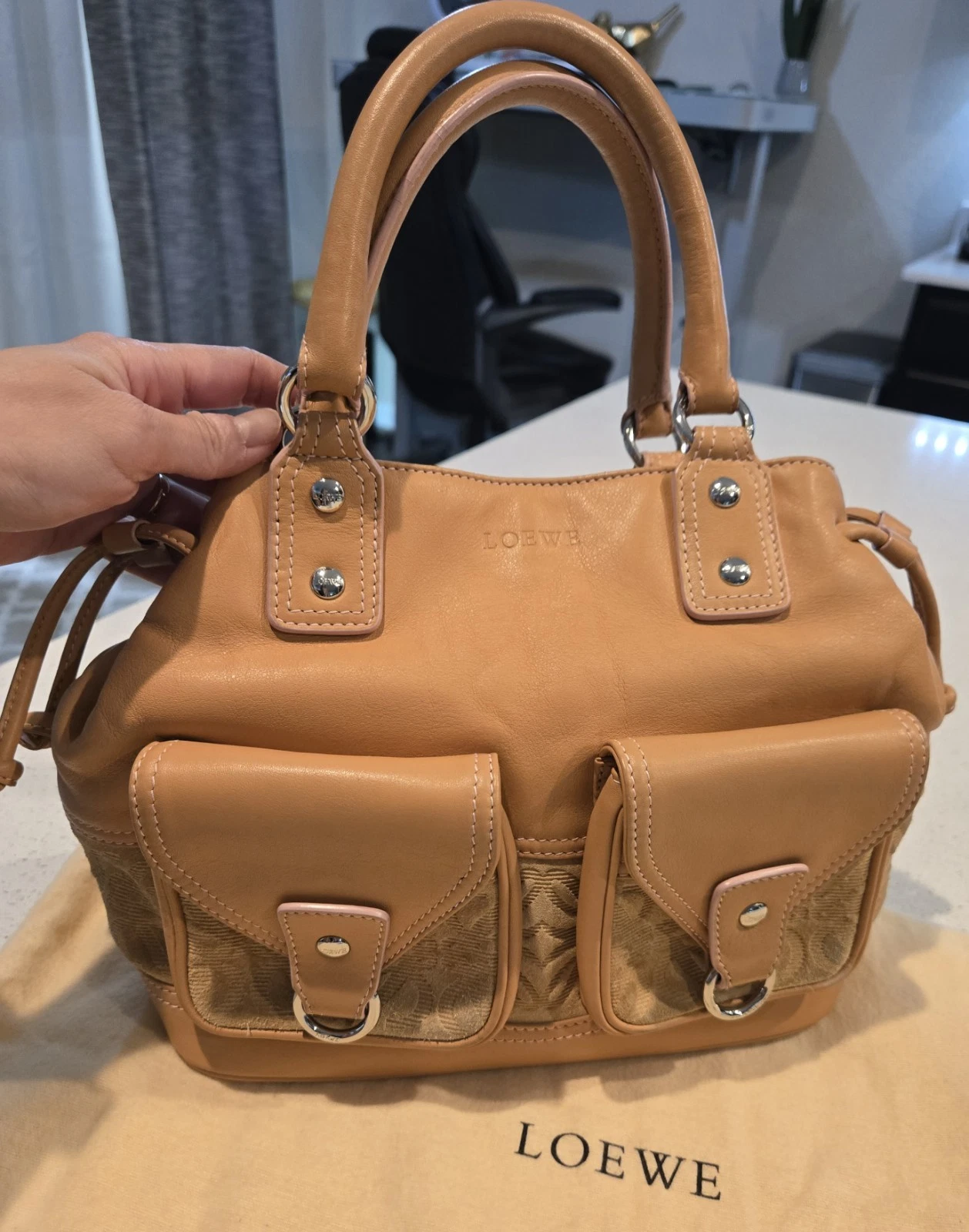 Loewe — LOEWE Suede & Lambskin Leather Combi Anagram Handbag in Camel Vintage Authentic!