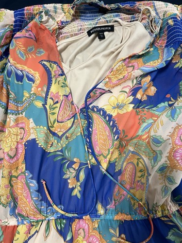 Boston Proper Womens Puff Sleeve Dress Size XL Blue Pink Paisley Floral Ruffles - Picture 4 of 13