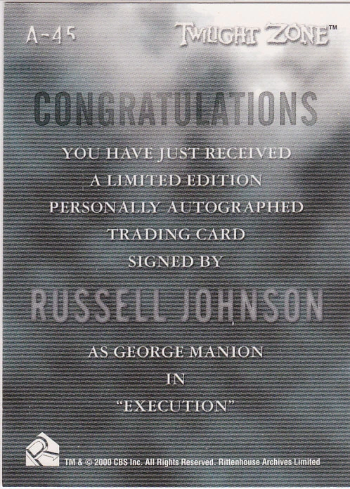 TWILIGHT ZONE SERIES 3 A45 RUSSELL JOHNSON GILLIGAN'S ISLAND PROFESSOR AUTOGRAPH - Image 2 of 2