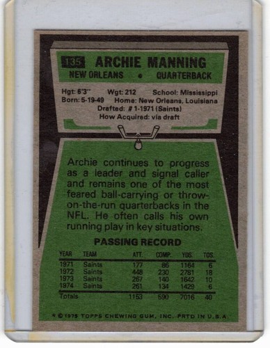 1975 Topps #135 Archie Manning QB New Orleans Saints Quarterback - Picture 2 of 2