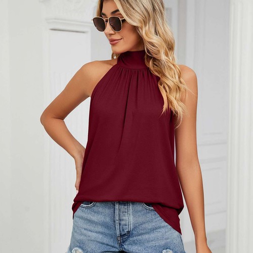 Womens Sleeveless Halter Neck Tank Tops Vest Summer Casual Loose Blouse Tee - Picture 16 of 17