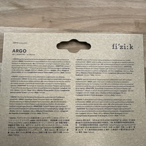 Fizik Vento Argo 00 Adaptive Saddle/Seat, Carbon 7x9, 150mm - Picture 2 of 2