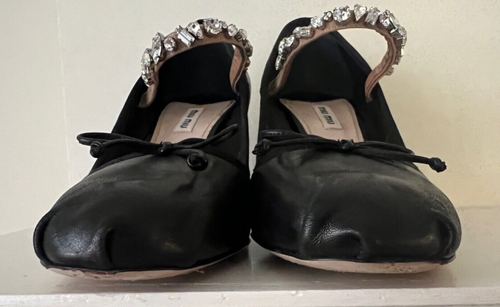 MIU MIU Crystal Pumps, Ballerina, Size 41/11 Black Leather, 3.5" Heels, With Box - Picture 7 of 12