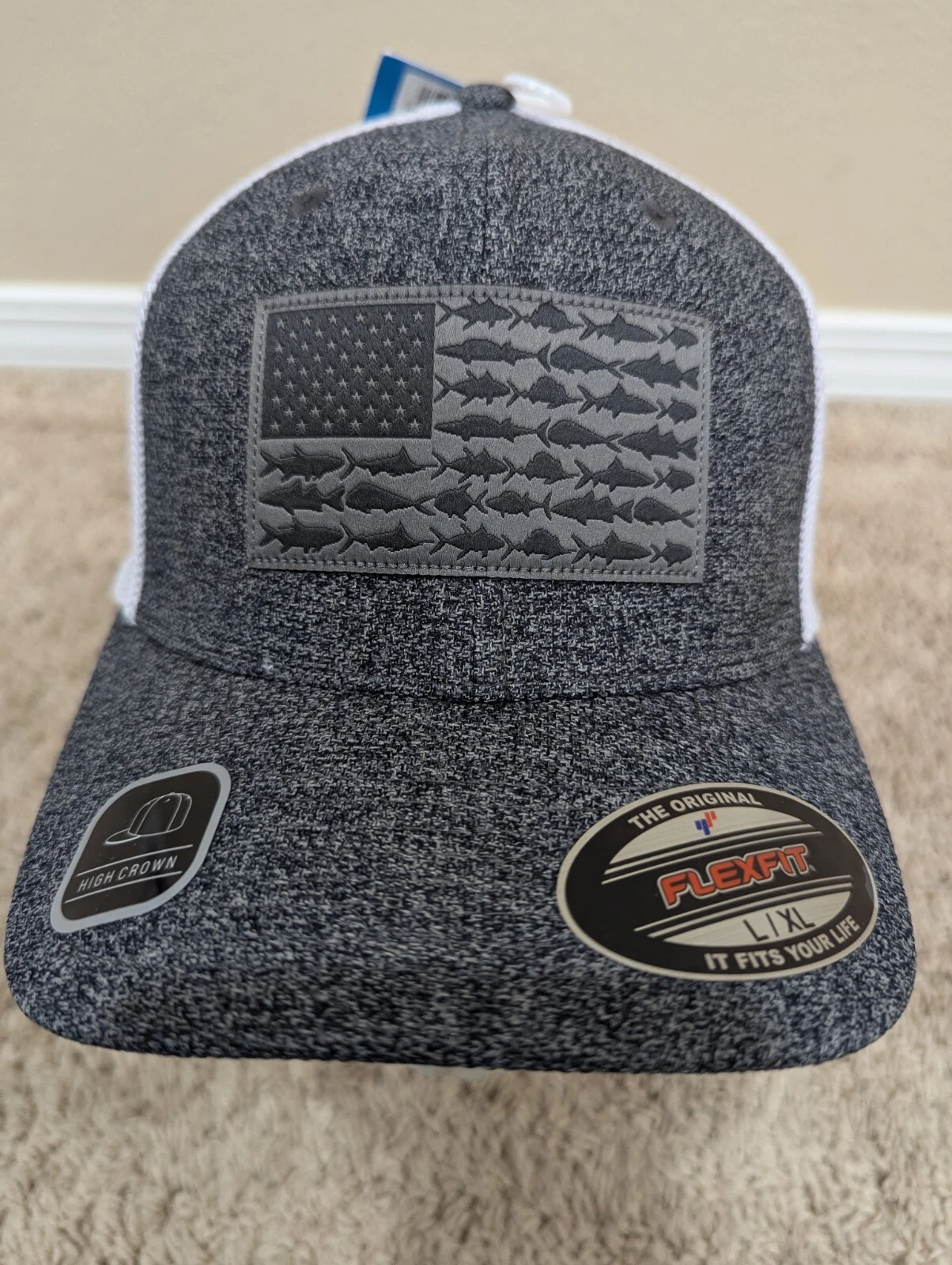 COLUMBIA PFG MESH HAT Heathered FLEXFIT CAP FITTED High Crown L/XL Fish Cap Flag
