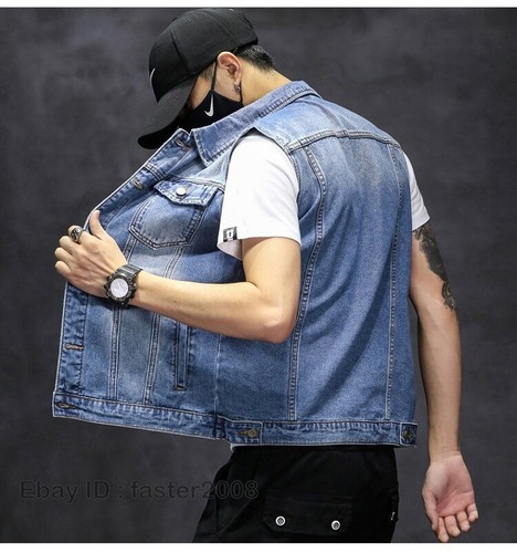 Men's Denim Vest Cowboy Waistcoat Sleeveless Casual Jacket Coat Oversize Retro - Picture 2 of 26
