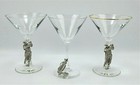 Set Of 3 Martini Cocktail Glasses Bar Ware Barware w/ Pewter Standing Golfer