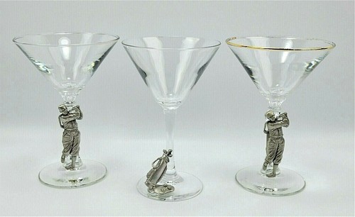 Juego de 3 copas de cóctel Martini artículos de bar vajilla con peltre golfista de pie - Imagen 1 de 10