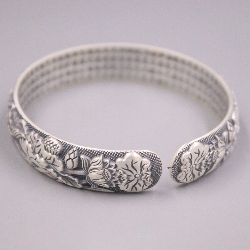 Pure 999 Fine Silver Bangle Women Fish Lotus Flower Sutra Cuff Bracelet 50.1g - Image 3 of 4