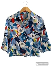 IB Diffusion Womens Floral Puff Sleeve Button Down Shirt Size Small Cropped