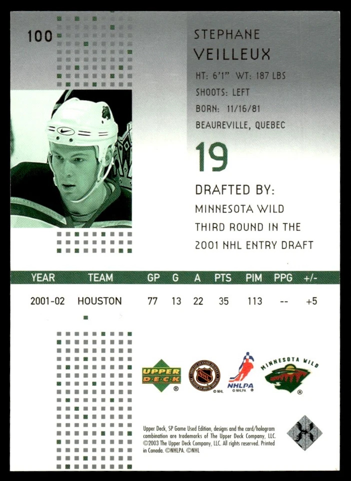 2002-03 SP Game Used Stephane Veilleux Rookie 323/750 Minnesota Wild #100 - Image 2 of 2