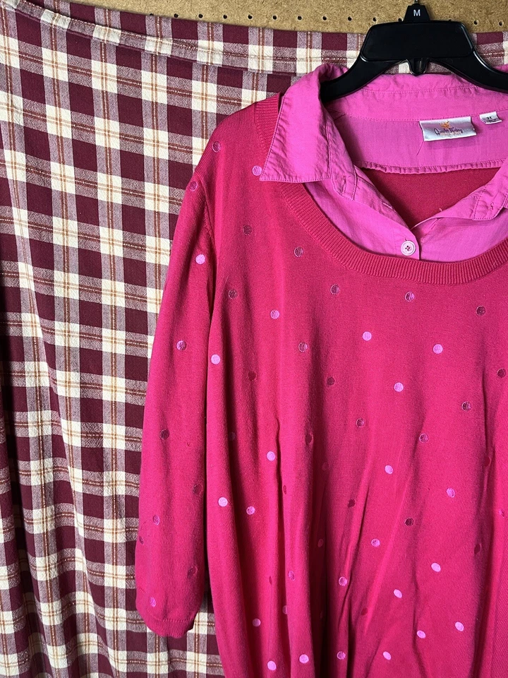 Quacker Factory Polka Dot Duet Sweater with Woven Collar Size 3XL Pink - Image 3 of 4
