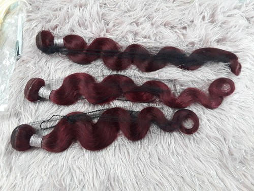 22+24+26 PULGADAS CABELLO HUMANO BRASILEÑO ONDAS CORPORALES COLOR 99j# BORGOÑA 300g 12AA - Imagen 4 de 4