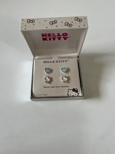 Hello Kitty Stud Earring Set Of 2 Fine Silver Plated Hearts & Kitty - Picture 2 of 3