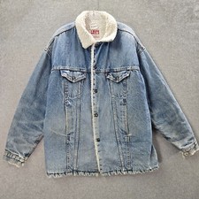 VINTAGE Levi's Men Jacket Large Blue Sherpa Trucker Denim Distressed Made In USA