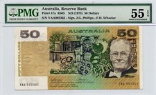 AUTRALIAN RESERVE BANK 1973 $50 NOTE FIRST PREFIX GRADED BY PMG 55  YAA 982365