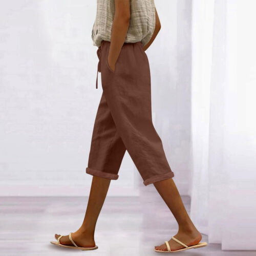 Women's Cotton Linen Capris Pants Elastic Waisted Drawstring Rolled Hem Pants. - Picture 14 of 41