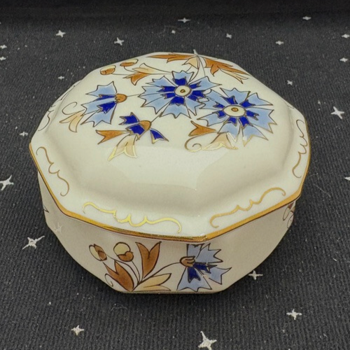 VTG Zsolnay Porcelain Trinket Box Hand Painted Cornflower Design Blue & Gold - Picture 2 of 8
