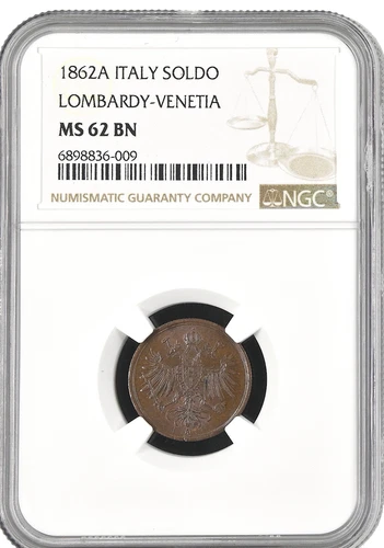 P206, Italy, Lombardy Venetia, Franz Joseph of Austria 1 Soldo 1862 A NGC MS62BN