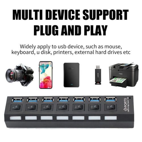 USB Hub 7 Port On/Off Switch High Speed Splitter AC Adapter Cable PC ...
