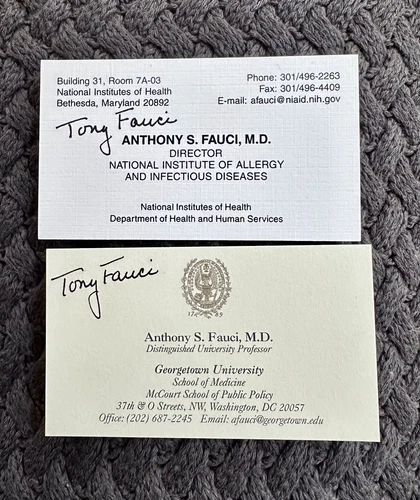 x2 Signed - Doctor Anthony Fauci business cards NIH U.S. Government + Georgetown