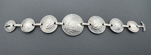 925 Sterling Silver Vintage Australian Domed Coin Bracelet Tramp Art 1941, 43