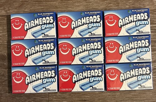 Airheads Chewing Gum, Blue Raspberry Flavor, 9 Pack, 14 Pieces Each Exp: 03/2026