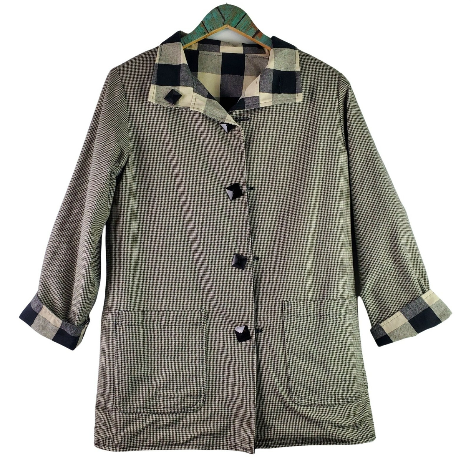 Giacca vintage dipinta pony REVERSIBILE bufalo a quadri pied de poule con bottoni USA taglia S