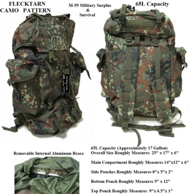 German Army Style Flecktarn Camo Survival Pack 65L Rucksack Bug Out Bag NEW