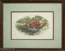 Beautiful Vintage Etching Country Landscape with Water Wheel by Kathleen Cantin