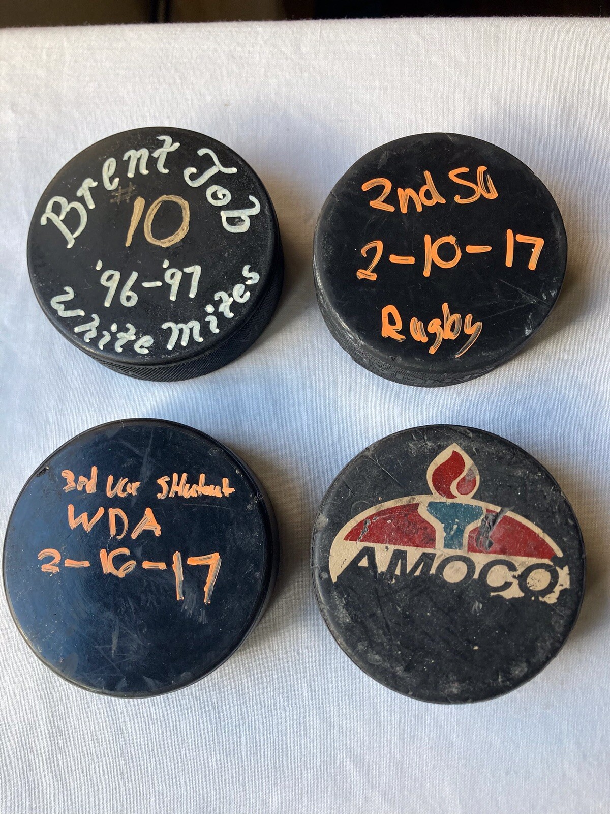 1997 Hockey Puck North Dakota Brent Jobs 4 Lot Rugby ND White Mites