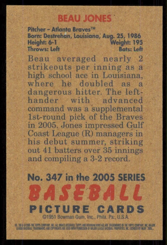 2005 Bowman Heritage Mini First Year Beau Jones Rookie #347 - Image 2 of 2
