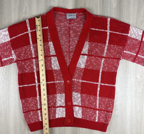 Vintage 80s ADELE Knitwear Plaid Red White Cardigan Sweater Large Made in USA - Bild 7 von 9