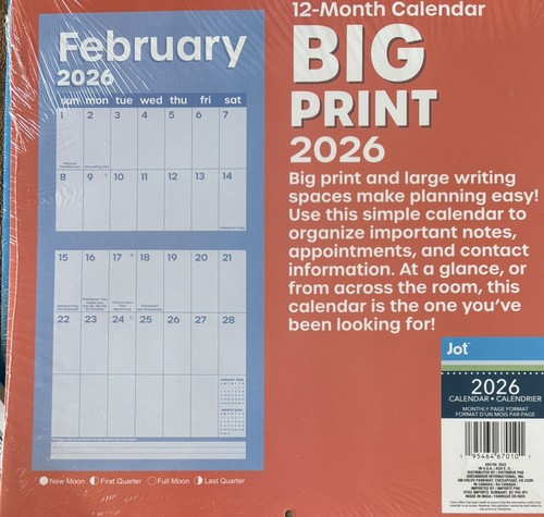 2026 BIG PRINT 12 Month Hanging Wall Calendar XL Writing Spaces Orange 12x24” - Picture 2 of 3