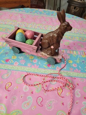 Vtg Faux Chocolate Easter Bunny Pulling Egg Cart ~ Cart Clicks As It Is Pulled