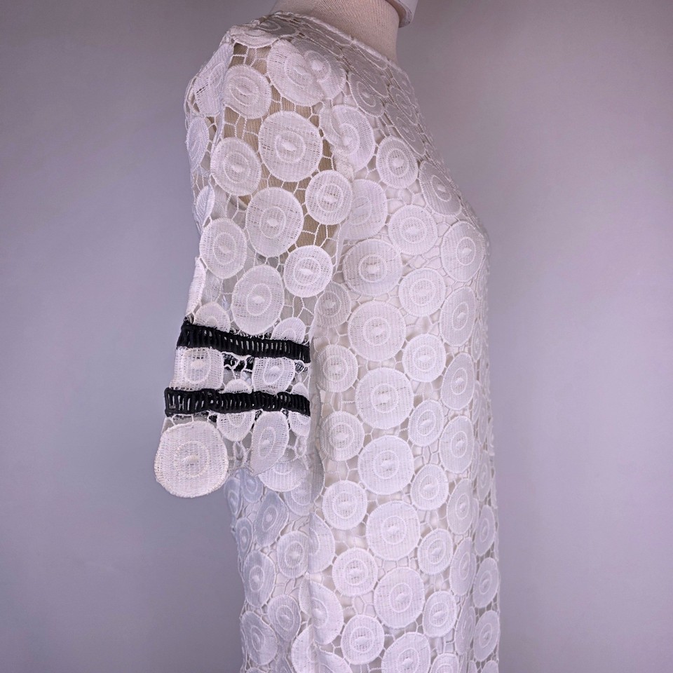Shifted Code INA White Circle Lace Woman M Shift Dress Mini Black Trim Short Sleeve ...
