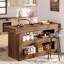 Brown Wood 55 In. Kitchen Island with Storage, Farmhouse 3-Tier Stationary Islan