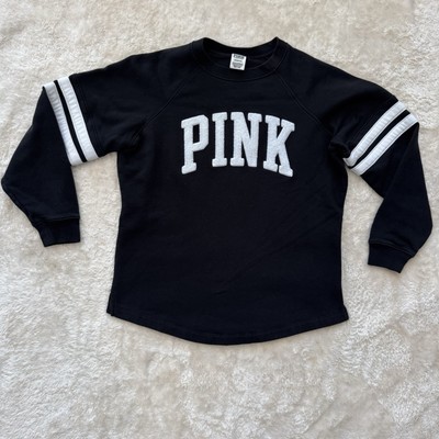 Victorias Secret PINK Varsity Crew Sweatshirt Oversized Black Sz S Small