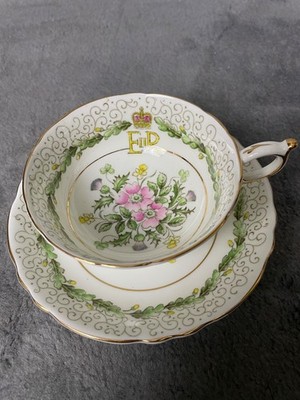 Paragon Double Warrant Tea Cup Saucer Set White Floral Coronation 1953 Vintage