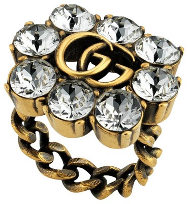 GUCCI CRYSTAL DOUBLE G FLOWER RING in AGED GOLD SIZE LRG GG LOGO UVP 425  BNIB