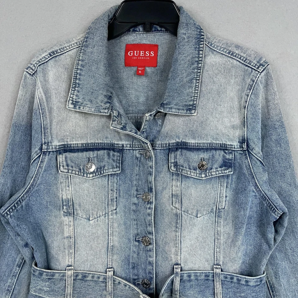 Chaqueta Guess Mujer XL Azul Denim Cinturón Botón Frontal Lavado Claro Abrigo Camionero Foto 2 de 4