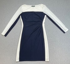 Lauren Ralph Lauren Dress Womens 10 White Blue Stretch Sheath Ruched Long Sleeve