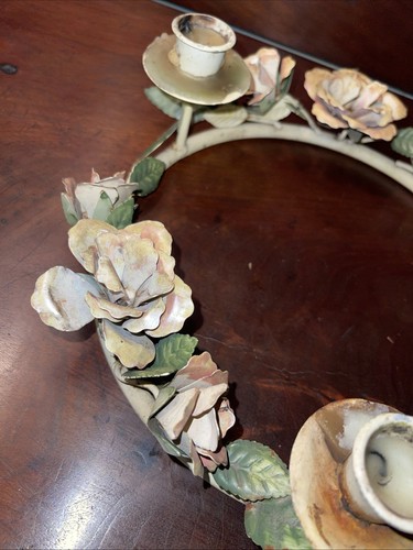 VTG Metal Toleware Floral Bouquet 3 Candle Holder 10” Diameter - Picture 2 of 12