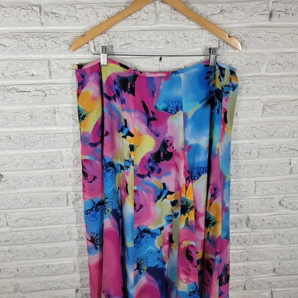 Anne Klein Women Skirtt 16 ALine Midi Silk Blue Pink Floral Watercolor Lined Zip - Image 3 of 4