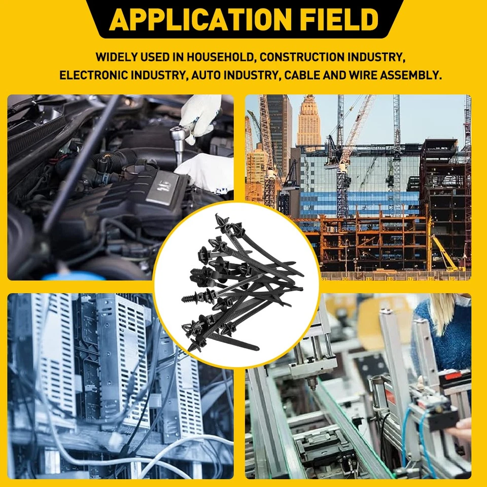 Abrazadera de amarre de cable de línea de automóvil 100 un. Cremallera Envoltura de amarre Clip de empuje Cableado Telar Arnés Negro Foto 3 de 4