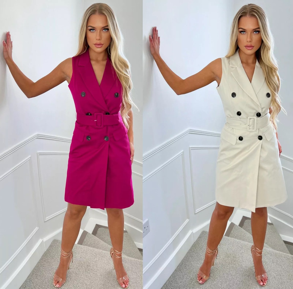 WAREHOUSE Women's Sleeveless Blazer Jacket Dress in Beige