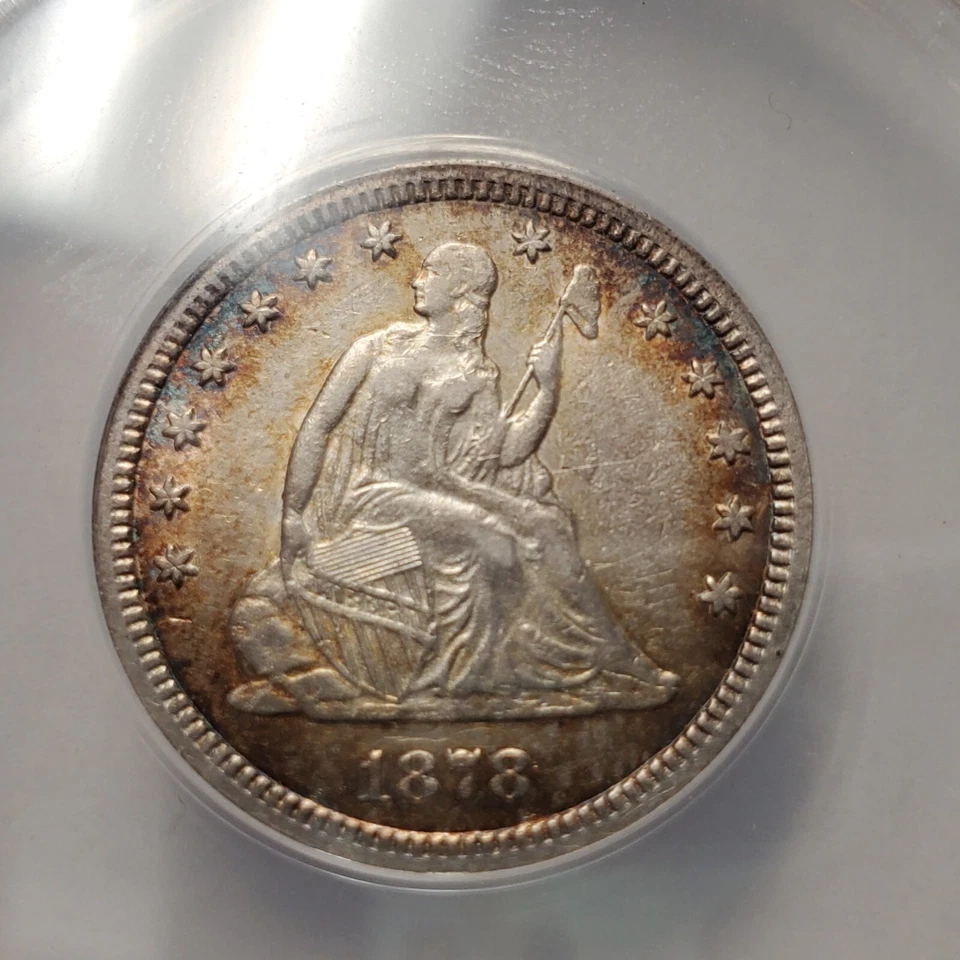 1878 Cc Seated Liberty Quarter Anacs Xf40 Details Major Die Clashes Toned - Image 2 of 4