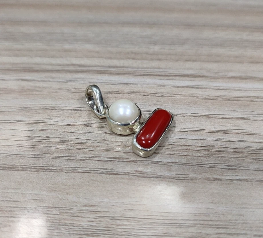 Pingente de coral vermelho genuíno pingente de pérola de água doce prata astrologia pedra de nascimento - Imagem 2 de 4